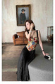 In Stock American Retro Floral Corset Top with Black Pleated Skirt Women's Spring and Summer High Waist Slimming A-Line Pleated Skirt Versatile Midi Skirt