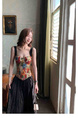 In Stock American Retro Floral Corset Top with Black Pleated Skirt Women's Spring and Summer High Waist Slimming A-Line Pleated Skirt Versatile Midi Skirt