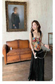 In Stock American Retro Floral Corset Top with Black Pleated Skirt Women's Spring and Summer High Waist Slimming A-Line Pleated Skirt Versatile Midi Skirt