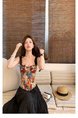 In Stock American Retro Floral Corset Top with Black Pleated Skirt Women's Spring and Summer High Waist Slimming A-Line Pleated Skirt Versatile Midi Skirt