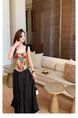 In Stock American Retro Floral Corset Top with Black Pleated Skirt Women's Spring and Summer High Waist Slimming A-Line Pleated Skirt Versatile Midi Skirt