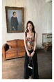 In Stock American Retro Floral Corset Top with Black Pleated Skirt Women's Spring and Summer High Waist Slimming A-Line Pleated Skirt Versatile Midi Skirt