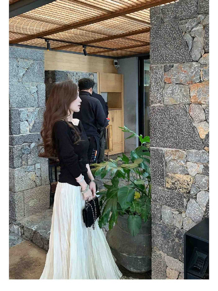 In Stock American Retro White Pleated Skirt Women's Spring and Summer High Waist Slimming A-Line Pleated Skirt Versatile Midi Skirt