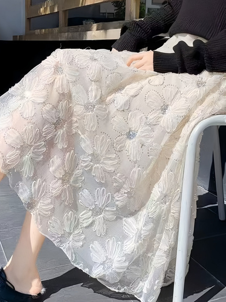 Mesh Sequins Skirt in Cream Spring and Autumn Women 2025 New High Waist Mid-Length A-Line Skirt Fairy Dress Gauze Skirt