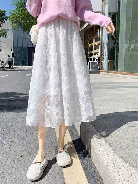 Mesh Sequins Skirt in White Spring and Autumn Women 2025 New High Waist Mid-Length A-Line Skirt Fairy Dress Gauze Skirt