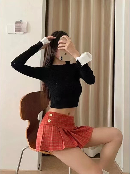 American Retro Plaid Mini Pleated Skirt in Red for Women - Summer College Style Hot Girl Low Waist A-Line Anti-Exposure Super Short Skirt