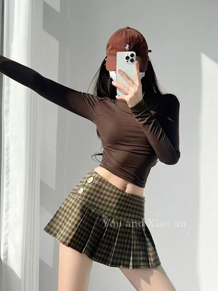 American Retro Plaid Mini Pleated Skirt in Brown for Women - Summer College Style Hot Girl Low Waist A-Line Anti-Exposure Super Short Skirt