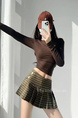 American Retro Plaid Mini Pleated Skirt in Brown for Women - Summer College Style Hot Girl Low Waist A-Line Anti-Exposure Super Short Skirt