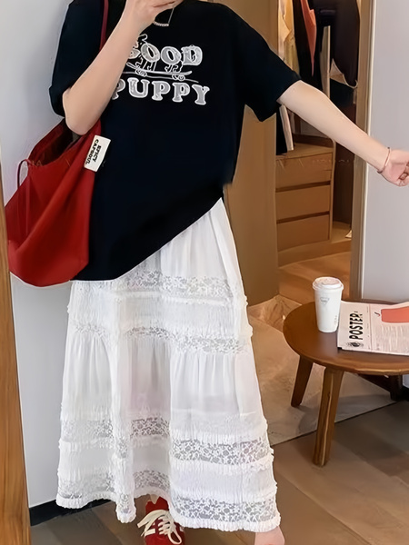 White Lace Stitching Skirt in White for Women - Summer 2025 New High Waist Slimming A-Line Dress