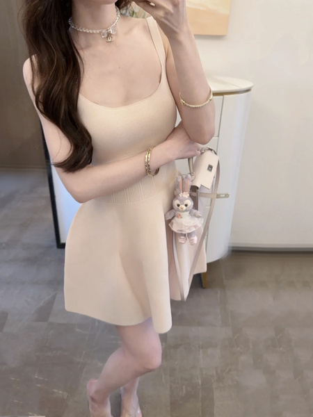 Semi-Sweet Waltz Ice Linen Sling Dress Women's Summer New Inner Wear Sleeveless Skirt Outer Wear - Light Beige/Pink