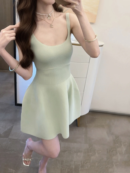 Semi-Sweet Waltz Ice Linen Sling Dress Women's Summer New Inner Wear Sleeveless Skirt Outer Wear - Light Mint Green