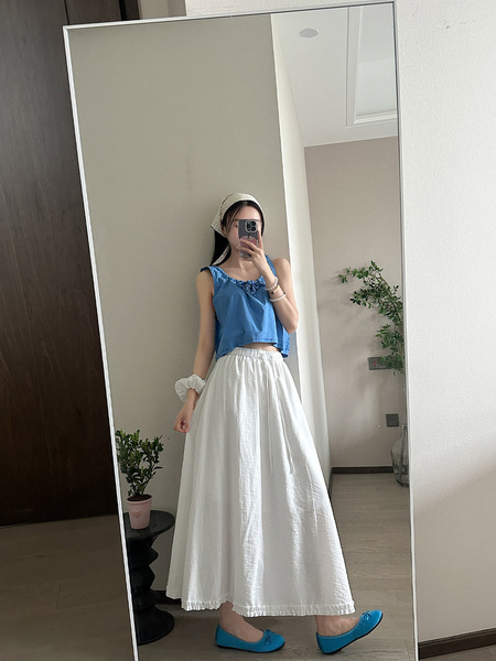 Real Shot of Korean Style Fresh Simple White Wooden Ear Skirt - Women's Summer New Casual All-Matching A-Line Long Skirt