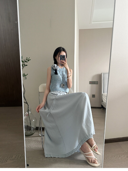 Real Shot of Korean Style Fresh Simple Light Blue Wooden Ear Skirt - Women's Summer New Casual All-Matching A-Line Long Skirt