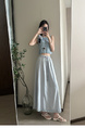 Real Shot of Korean Style Fresh Simple Light Blue Wooden Ear Skirt - Women's Summer New Casual All-Matching A-Line Long Skirt