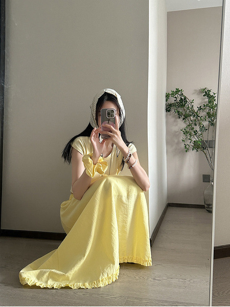Real Shot of Korean Style Fresh Simple Yellow Wooden Ear Skirt - Women's Summer New Casual All-Matching A-Line Long Skirt