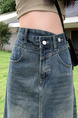 Real Shot Plus Size Women's Clothing Autumn Fashionable Tassel High Waist A-Line Split Retro Blue Denim Skirt