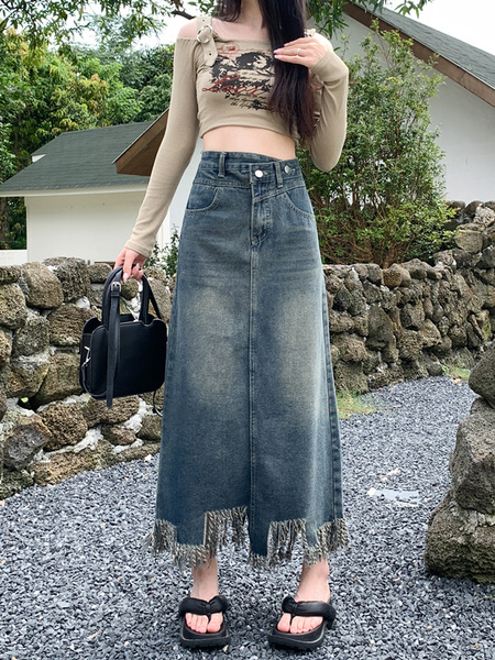 Real Shot Plus Size Women's Clothing Autumn Fashionable Tassel High Waist A-Line Split Retro Blue Denim Skirt