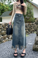 Real Shot Plus Size Women's Clothing Autumn Fashionable Tassel High Waist A-Line Split Retro Blue Denim Skirt