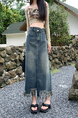 Real Shot Plus Size Women's Clothing Autumn Fashionable Tassel High Waist A-Line Split Retro Blue Denim Skirt