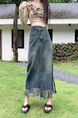 Real Shot Plus Size Women's Clothing Autumn Fashionable Tassel High Waist A-Line Split Retro Blue Denim Skirt