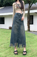 Real Shot Plus Size Women's Clothing Autumn Fashionable Tassel High Waist A-Line Split Retro Blue Denim Skirt