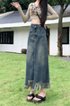 Real Shot Plus Size Women's Clothing Autumn Fashionable Tassel High Waist A-Line Split Retro Blue Denim Skirt