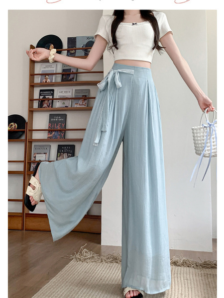 Loose Lazy Cotton and Linen Wide-Leg Pants for Women in Summer Sun Protection Light Blue Linen Drape Ramie Mopping Trousers
