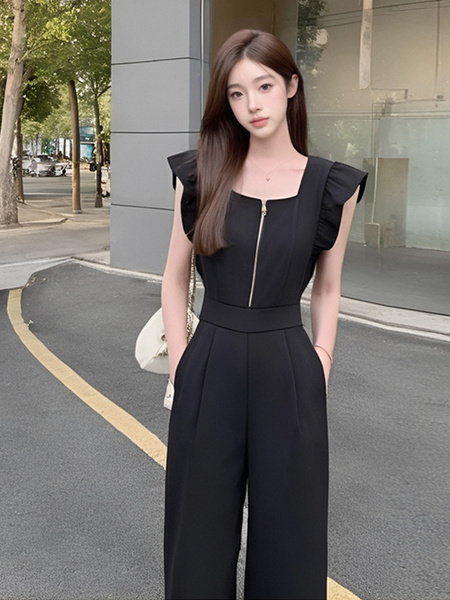 Royal Sister's High-Grade Temperament Square Collar Vest Jumpsuit with Flying Sleeves in Black - Female Summer Wide-Leg High Waist Slim Fit