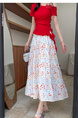 Real Shot of the New 2025 Summer French Tea Break High Waist Elastic Floral Slim Drape A-Line Maxi Skirt in White with Colorful Floral Print