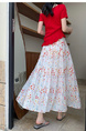 Real Shot of the New 2025 Summer French Tea Break High Waist Elastic Floral Slim Drape A-Line Maxi Skirt in White with Colorful Floral Print