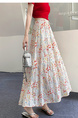 Real Shot of the New 2025 Summer French Tea Break High Waist Elastic Floral Slim Drape A-Line Maxi Skirt in White with Colorful Floral Print