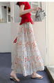 Real Shot of the New 2025 Summer French Tea Break High Waist Elastic Floral Slim Drape A-Line Maxi Skirt in White with Colorful Floral Print