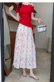 Real Shot of the New 2025 Summer French Tea Break High Waist Elastic Floral Slim Drape A-Line Maxi Skirt in White with Colorful Floral Print