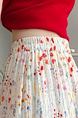 Real Shot of the New 2025 Summer French Tea Break High Waist Elastic Floral Slim Drape A-Line Maxi Skirt in White with Colorful Floral Print