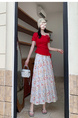Real Shot of the New 2025 Summer French Tea Break High Waist Elastic Floral Slim Drape A-Line Maxi Skirt in White with Colorful Floral Print