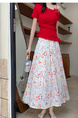 Real Shot of the New 2025 Summer French Tea Break High Waist Elastic Floral Slim Drape A-Line Maxi Skirt in White with Colorful Floral Print