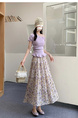 Real Shot of the New 2025 Summer French Tea Break High Waist Elastic Floral Slim Drape A-Line Maxi Skirt in Soft Lavender