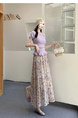 Real Shot of the New 2025 Summer French Tea Break High Waist Elastic Floral Slim Drape A-Line Maxi Skirt in Soft Lavender