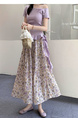 Real Shot of the New 2025 Summer French Tea Break High Waist Elastic Floral Slim Drape A-Line Maxi Skirt in Soft Lavender