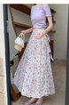 Real Shot of the New 2025 Summer French Tea Break High Waist Elastic Floral Slim Drape A-Line Maxi Skirt in Soft Lavender