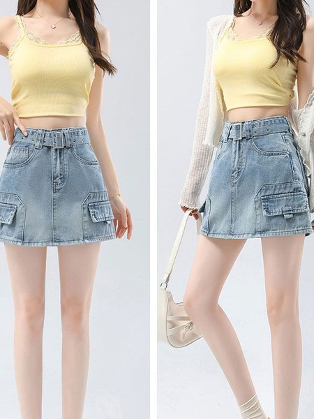 American Retro High Waist Denim Workwear Short Skirt for Women - 2025 Summer New Korean Version Casual A-Line Skirt in Light Blue