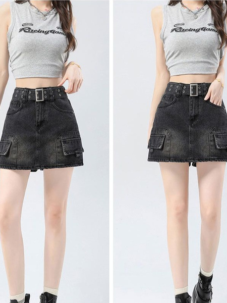American Retro High Waist Denim Workwear Short Skirt for Women - 2025 Summer New Korean Version Casual A-Line Skirt in Black