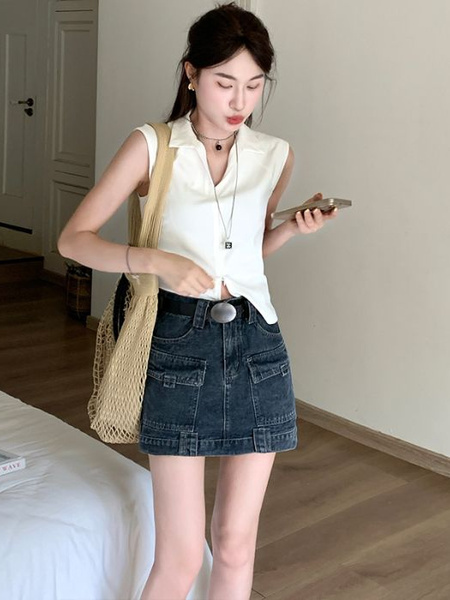 Free Belt Blue Gray Hot Girl Workwear Denim Skirt for Women - 2025 Summer New A-Line Hip Skirt in Dark Blue