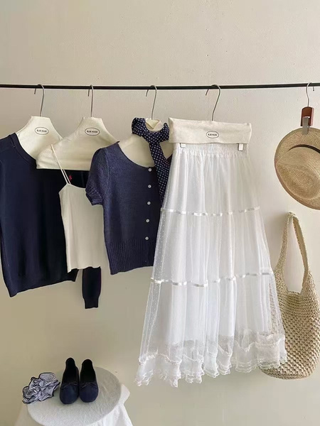 Fairy Polka Dot Lace Mesh Skirt for Women - Summer 2025 New High Waist A-Line Temperament Fluffy Cake Gauze Skirt in White