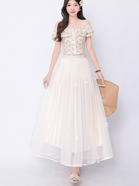 Real Shot Bow Mesh Pleated Skirt - Women's High Waist Slimming All-Matching Drape A-line Big Hem Dress in Cream
