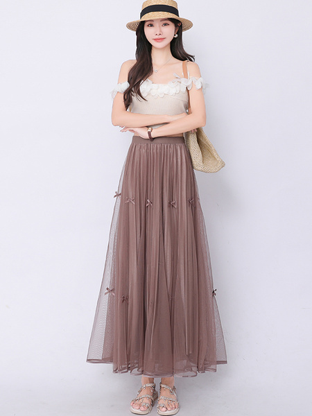 Real Shot Bow Mesh Pleated Skirt - Women's High Waist Slimming All-Matching Drape A-line Big Hem Dress in Brown