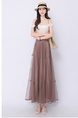 Real Shot Bow Mesh Pleated Skirt - Women's High Waist Slimming All-Matching Drape A-line Big Hem Dress in Brown