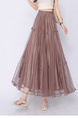 Real Shot Bow Mesh Pleated Skirt - Women's High Waist Slimming All-Matching Drape A-line Big Hem Dress in Brown