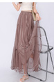 Real Shot Bow Mesh Pleated Skirt - Women's High Waist Slimming All-Matching Drape A-line Big Hem Dress in Brown