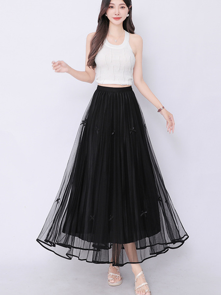 Real Shot Bow Mesh Pleated Skirt - Women's High Waist Slimming All-Matching Drape A-line Big Hem Dress in Black